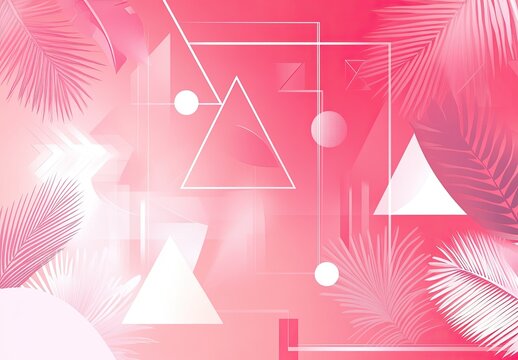 Pink palm leaves with geometric white shapes overlay