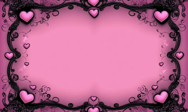 Ornate black frame with pink hearts on pink background