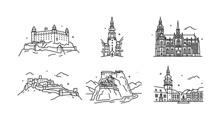 Obraz premium European castles and cathedrals linear vector illustrations on white background