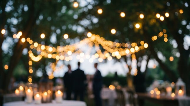 Blurred evening wedding reception scene with decorative string lights and silhouettes of guests in suits