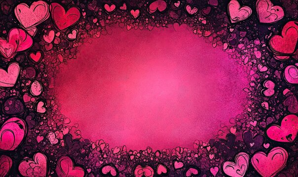 Frame of hand-drawn dark hearts around pink center