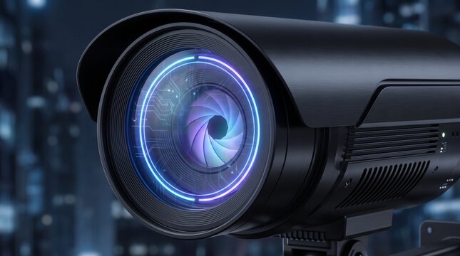 Modern urban surveillance camera lens with vivid digital glow, symbolizing vigilant safety and data security