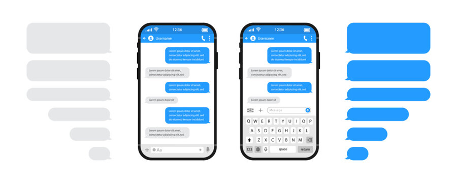Smart phones chatting sms template bubbles. Chat templates, message, phone with keyboard and speech bubbles blue colour in flat style. Social media design concept. Vector illustration