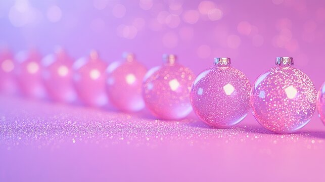 Row of shiny pink Christmas ornaments