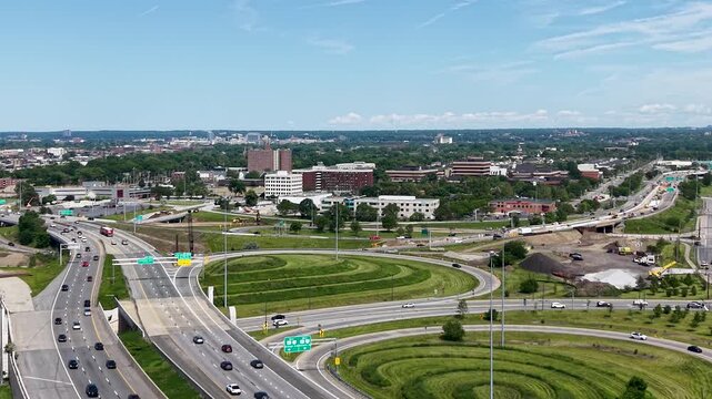 Aerial footage of office buildings, apartments and homes in downtown Cleveland Ohio USA