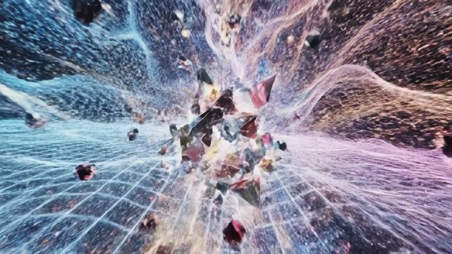 Vibrant network of glowing lines and colorful shapes explode in a futuristic digital environment filled with Technology and Science elements.