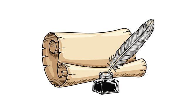 Vintage style illustration of an unrolled parchment paper scroll accompanied by a feather quill pen dipped in a glass inkwell of black ink.