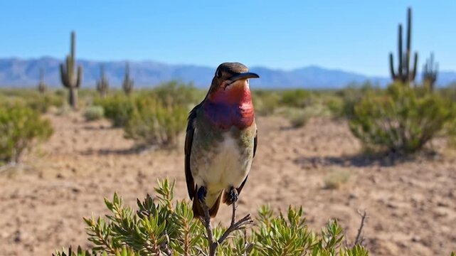 A small hummingbird perches on a desert bush in the sun