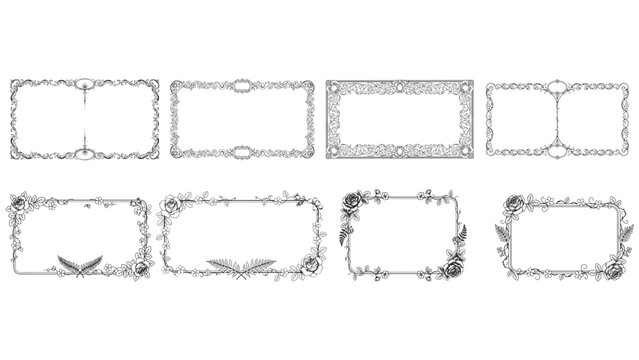 Collection of decorative rectangular picture frames with floral ornaments and vintage style borders isolated on transparent background design assets set.