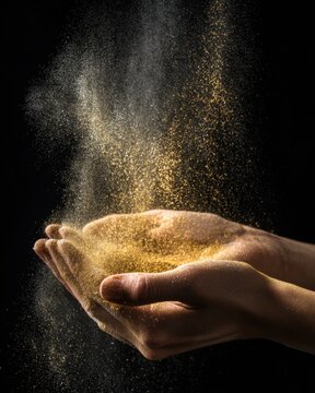 Close up of cupped human hands releasing glistening golden particles into the dark air with particles background abstract floating suspended atmospheric scattered sparkling dramatic contrast
