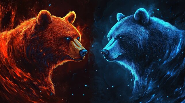Two bears facing each other in fiery blue cosmic background
