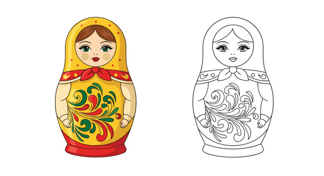 Traditional Russian matryoshka nesting doll featuring colorful floral patterns next to a black and white line art version for coloring.