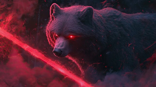 Glowing red eyed bear in dark misty forest