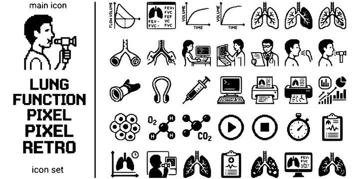 Lung Function Test Pixel Retro Black White-Spirometry Figure Loop Display-Retro Pulmonary Vector-Lung Icon Pixel-ICU Pulmonary Design Set