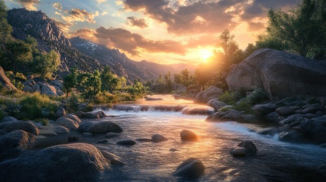 Mountain river flowing through rocky sunset landscape