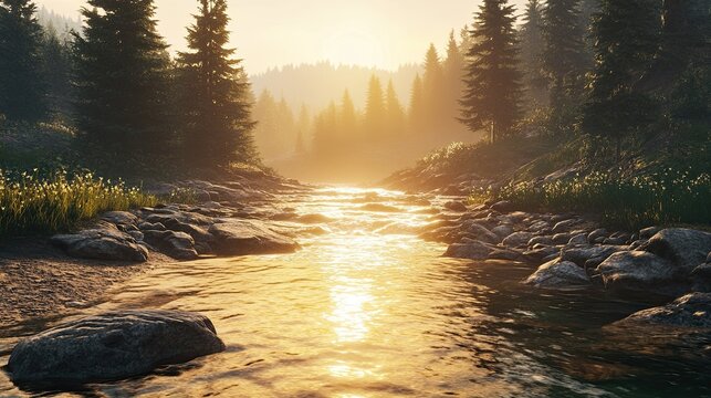River flowing through pine forest at sunset