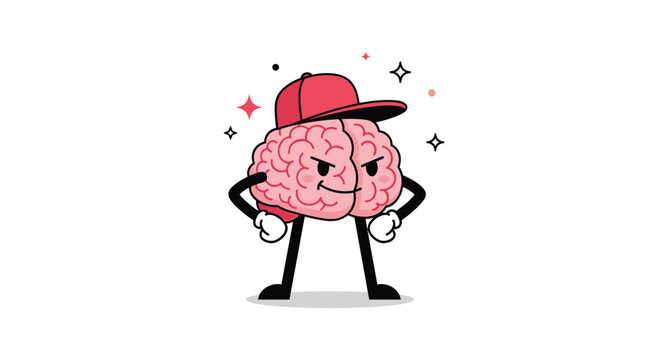 Confident human brain character with black limbs and a red baseball cap stands with hands on hips against a white background.