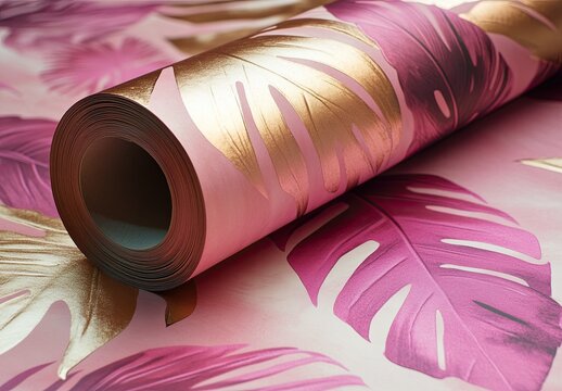Roll of pink and gold tropical wallpaper