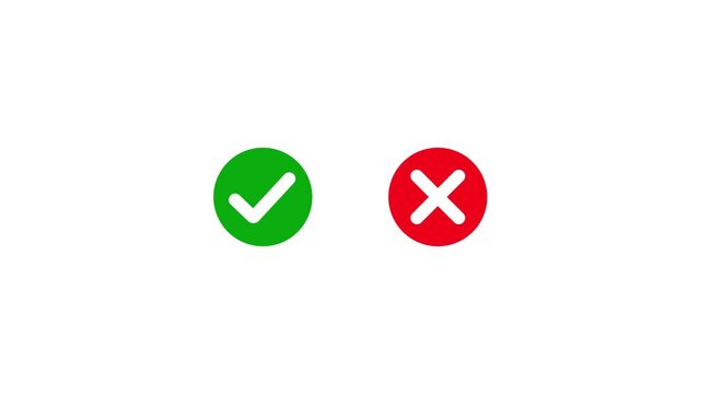 Animated checkmark and cross set: green tick and red x symbols for ui surveys, and choice selection animation