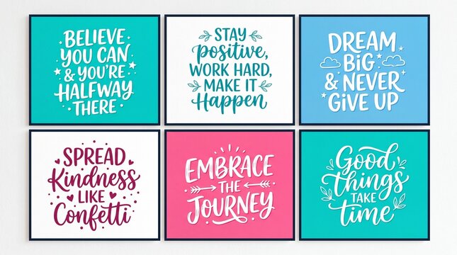 Inspirational quotes, motivational phrases, colorful typography, six square tiles, positive affirmations, quotes about kindness, success, and happiness