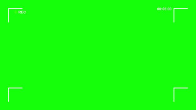 A minimalist recording frame overlay with corner brackets and a small red record indicator, positioned on a bright green screen for easy chroma keying in video production.