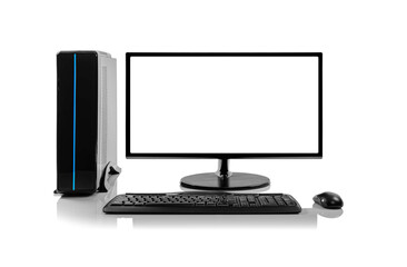 Fototapeta premium A modern desktop computer setup features a black monitor with a blank white screen, a slim system unit with a blue LED light strip, a keyboard, and a mouse on a reflective white surface.