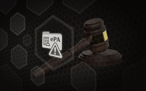 A conceptual graphic featuring a wooden gavel next to an ePA digital health file icon with a warning sign, representing legal regulations, medical data privacy, and compliance issues.