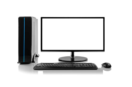 A modern desktop computer setup features a black monitor with a blank white screen, a slim system unit with a blue LED light strip, a keyboard, and a mouse on a reflective white surface.