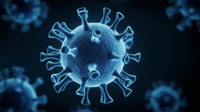 Detailed 3D animation showcasing virus particle structure and features, floating in dark environment with captivating visuals