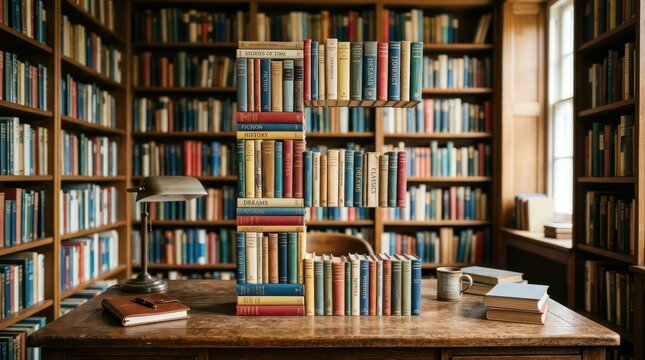 Letter e shaped stack of books on a desk in a vintage library with shelves background.