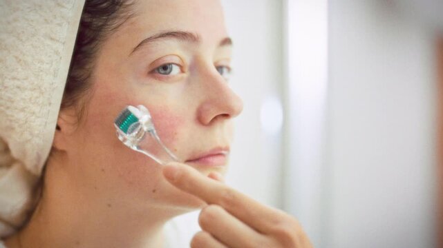 A girl in a white robe, towel wrapped around her head, gently rolls a derma roller across her face in the bathroom mirror, performing microneedling to boost collagen and enhance skincare