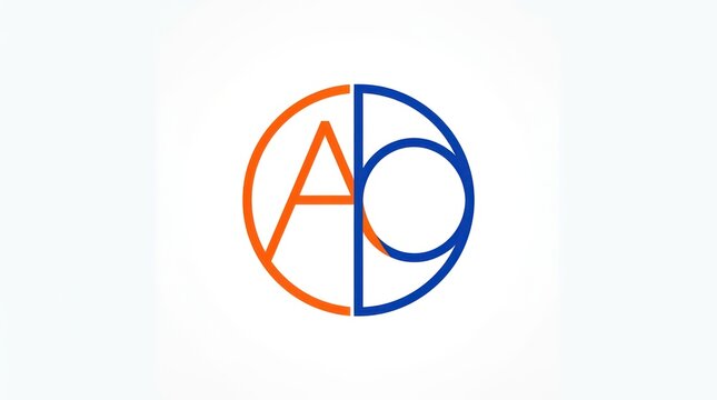 Ao monogram thin vector outline within a circle, featuring blue and orange colors.