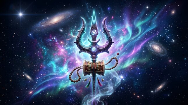 Lord Shiva trishul with om symbol and damru over cosmic nebula galaxy background