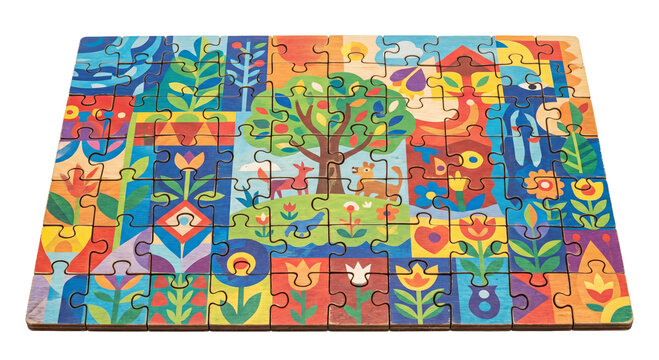 Colorful wooden jigsaw puzzle with a whimsical forest scene and animals