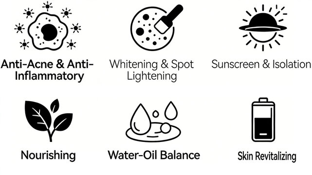 Six black problematic skin care icons, representing acne skin conditioning with anti acne and light spots, sun protection balance, and nourishing and revitalizing effects
