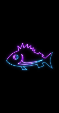 Vertical Neon Fish Icon Animation Futuristic Glowing Marine Life Symbol on Dark Background 4k.