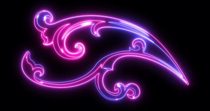 Neon Floral Swirl Ornament Animation Glowing Decorative Vintage Scroll Design on Black Background Loop 4k.