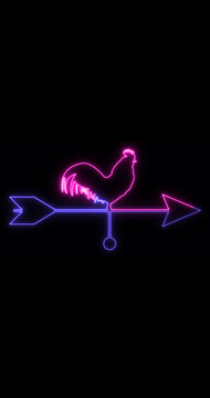 Vertical Neon Rooster Weather Vane Animation Glowing Wind Direction Symbol on Dark Background 4k.