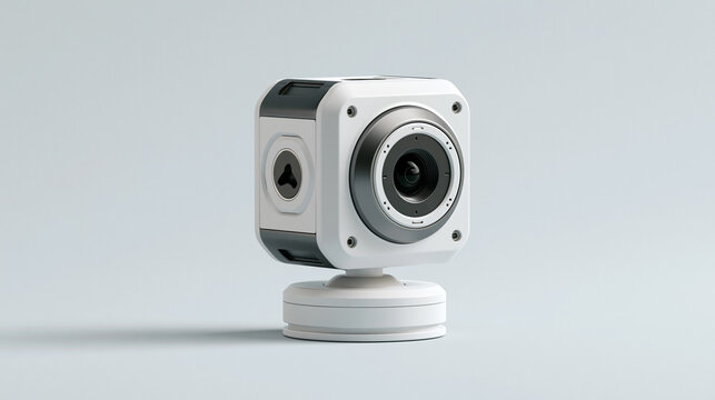 A modern white and grey square digital camera with a wide lens sits on a matching circular base against a plain light background