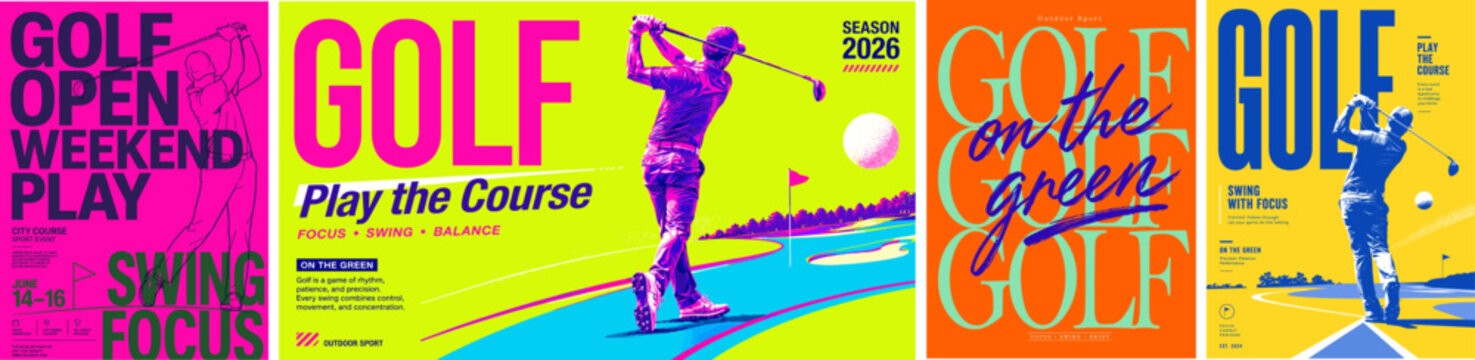 Neon golf poster collection with dynamic player silhouettes, course landscape, bold typography, ball, flag and bright sports graphics for tournament flyer vector design.