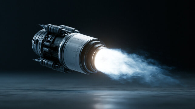 A powerful jet engine fires a bright blue flame while floating in a dark industrial space with a metallic floor