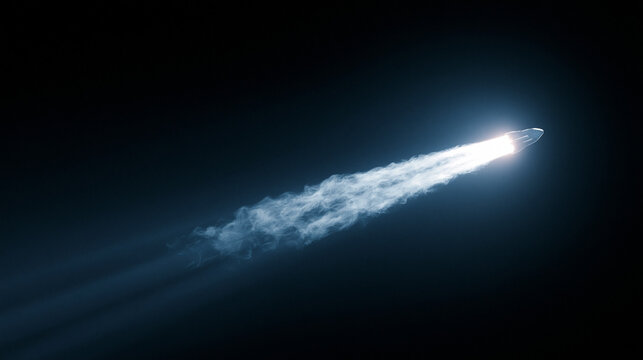A bright rocket flies through the dark night sky leaving a long trail of white smoke and light behind it