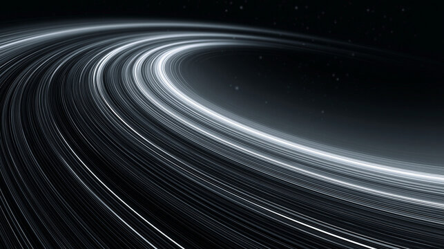 Glowing silver light particles form curved flowing lines in a dark space creating a sense of rapid motion and abstract energy