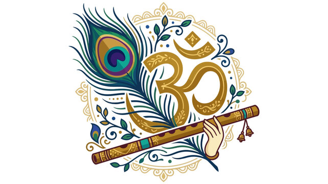 Sacred Om Symbol with Peacock Feather and Krishna Flute &ndash; Decorative Hindu Spiritual Vector Illustration