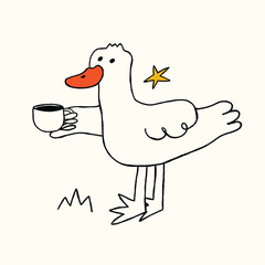 hand drawn duck with coffee doodle cartoon illustration © cattle house