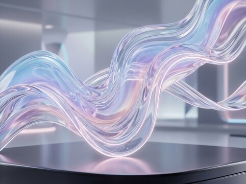 Macro view of flowing iridescent glass ribbon rests on dark reflective surface within modern architectural space showing intricate light patterns and holographic gradients in fluid motion.
