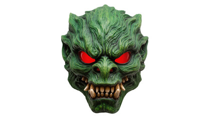 Green monster mask with glowing red eyes and sharp teeth