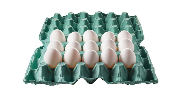 Green egg carton filled with white eggs