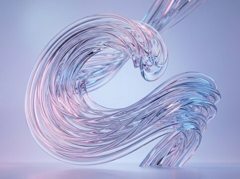 Abstract macro composition of spiraling iridescent glass tubes creates intricate weave of holographic light and fluid motion in soft purple environment with extreme detail and transparency.