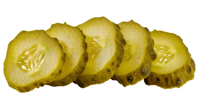 Dill pickle slices with seeds and bumpy skin